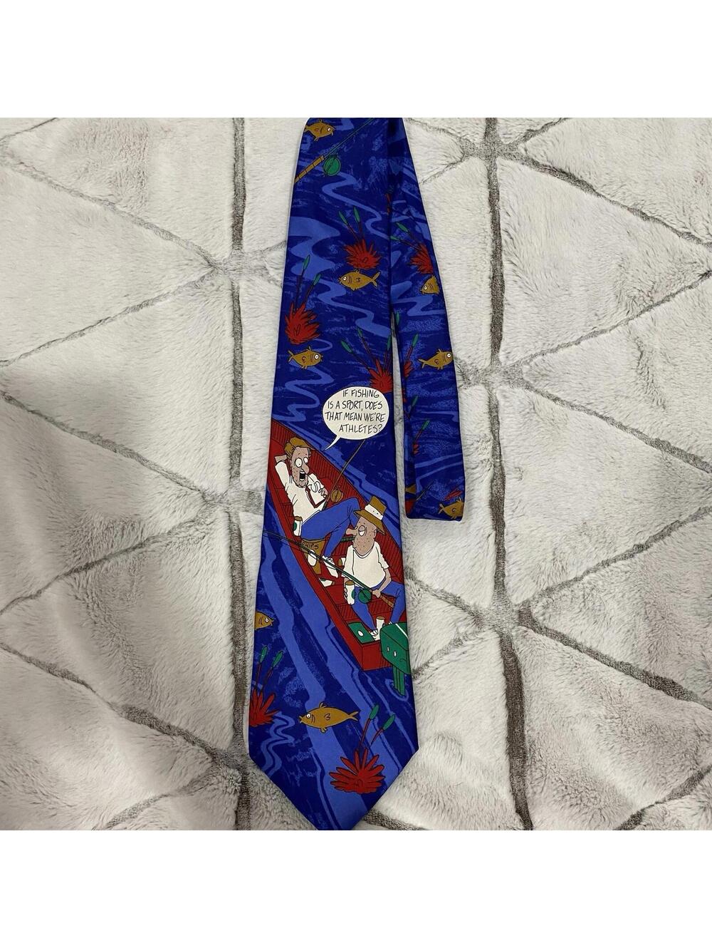 Richard L. Torrey Originals Fishing Cartoon Men's Silk Tie Blue 100% Silk